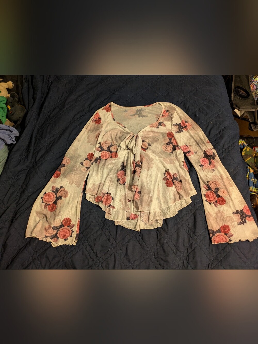 Floral Tie-Front Long-Sleeve Women's Top - White with Pink Roses